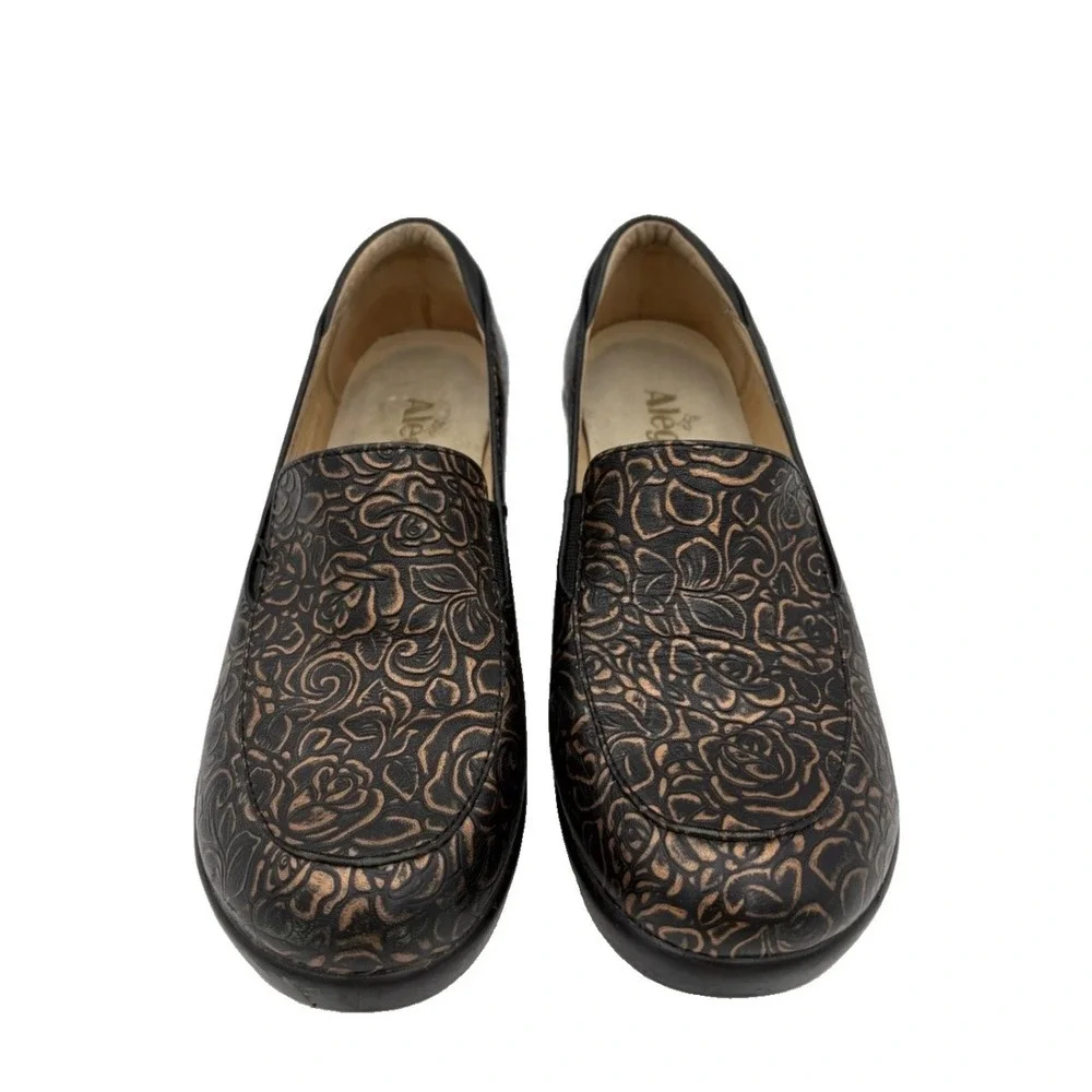 Alegria Emma Bronze Rose Embossed Floral Leather Wedge Black Women 9.5-10 EU 40